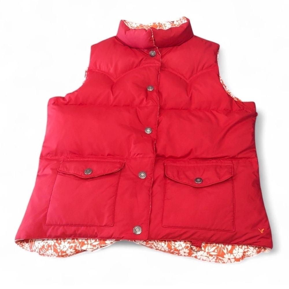 American Eagle Outfitters Red/Orange & White Floral Reversible Down Puffer Vest